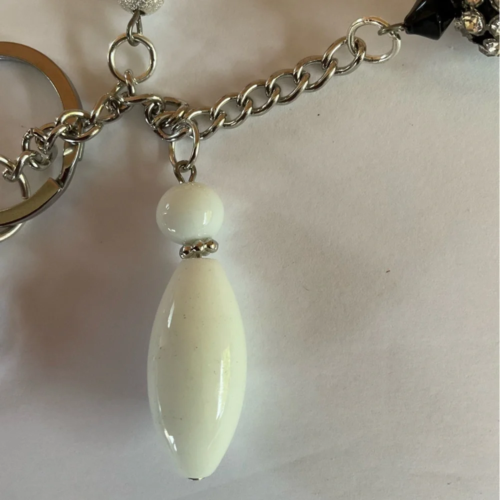 Hand Crafted Purse Charm Keychain Beaded White Black Rhinestone 5
